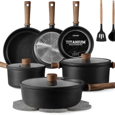CAROTE Nonstick Pots and Pans, Induction Titanium Cookware Set 16pcs Kitchen Cooking Sets, Pot and Pan Non Stick w/Frying pan (PFOS, PFOA Free)
